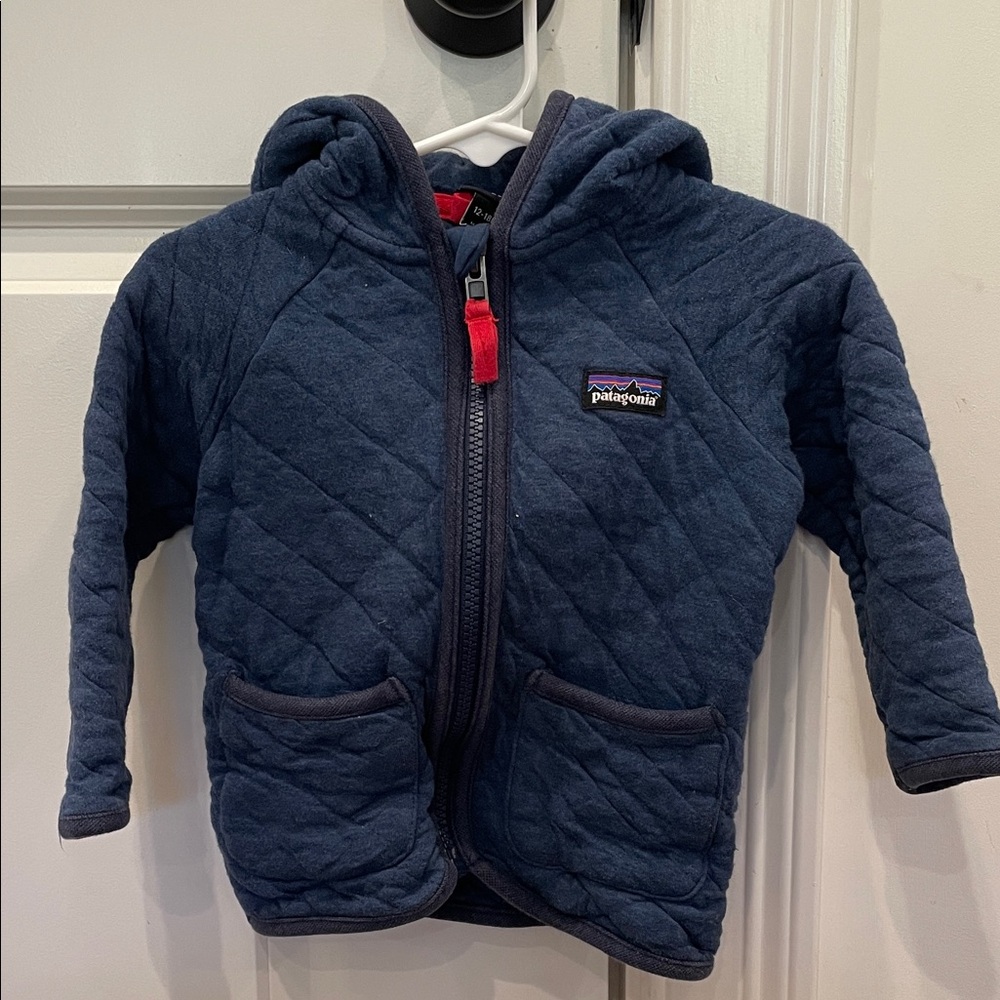Patagonia Quilted Dark Blue Hoodie with Red Accent Size 12-18 Months